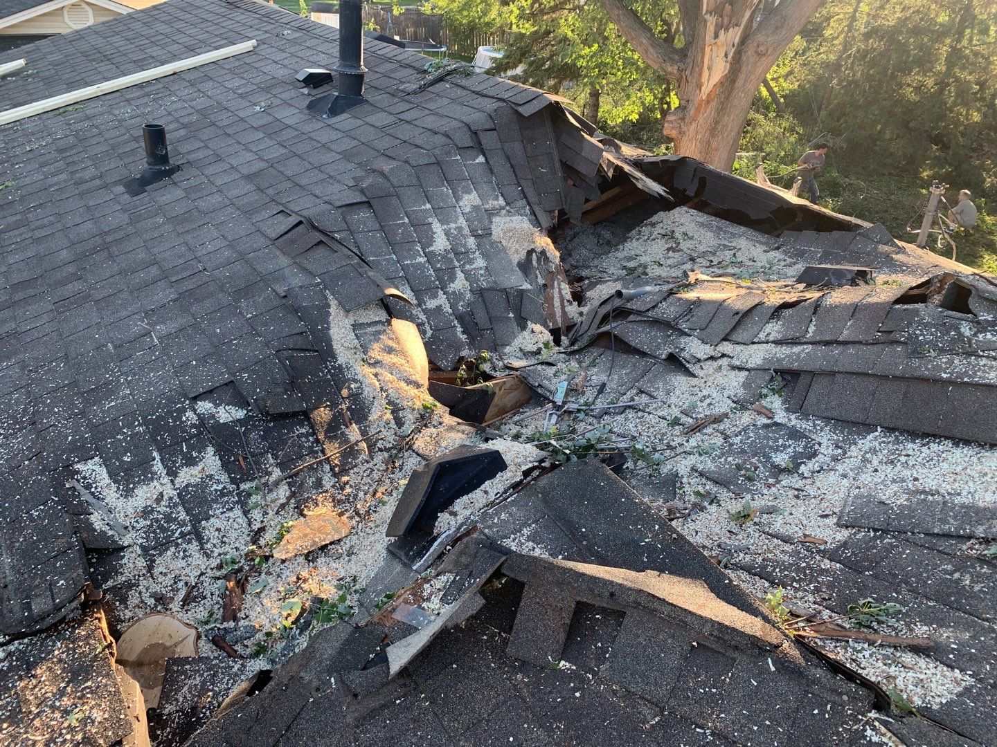 damaged roof with debris